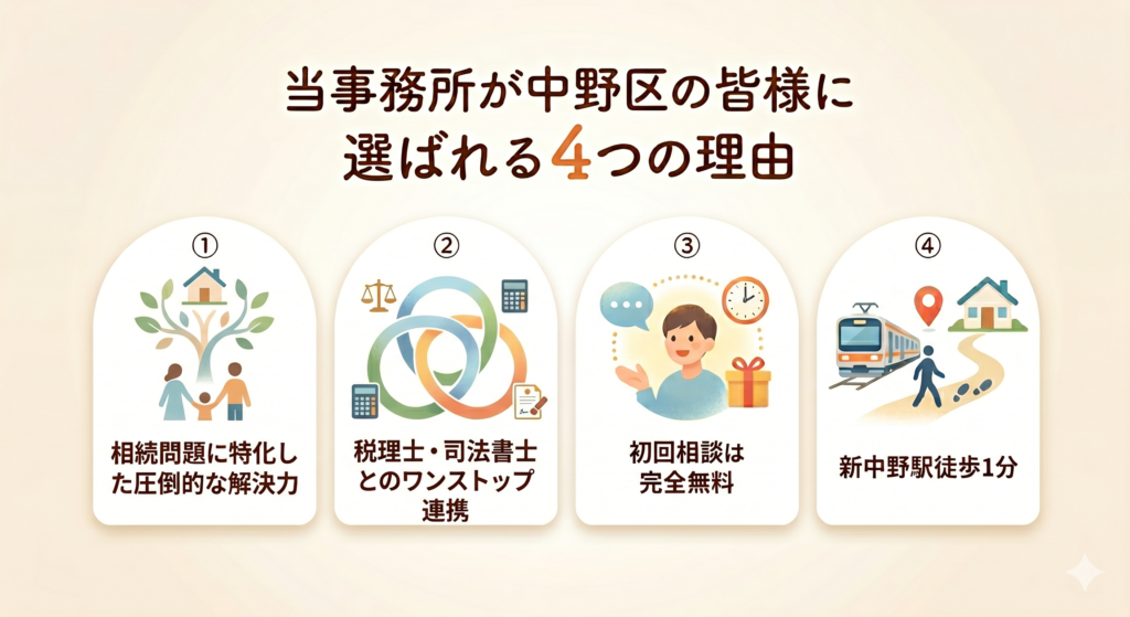 当事務所が中野区の皆様に選ばれる４つ理由。⒈相続問題に特化した圧倒的な解決力、⒉税理士・司法書士とのワンストップ連携、⒊初回相談は完全無料、⒋新中野駅徒歩１分